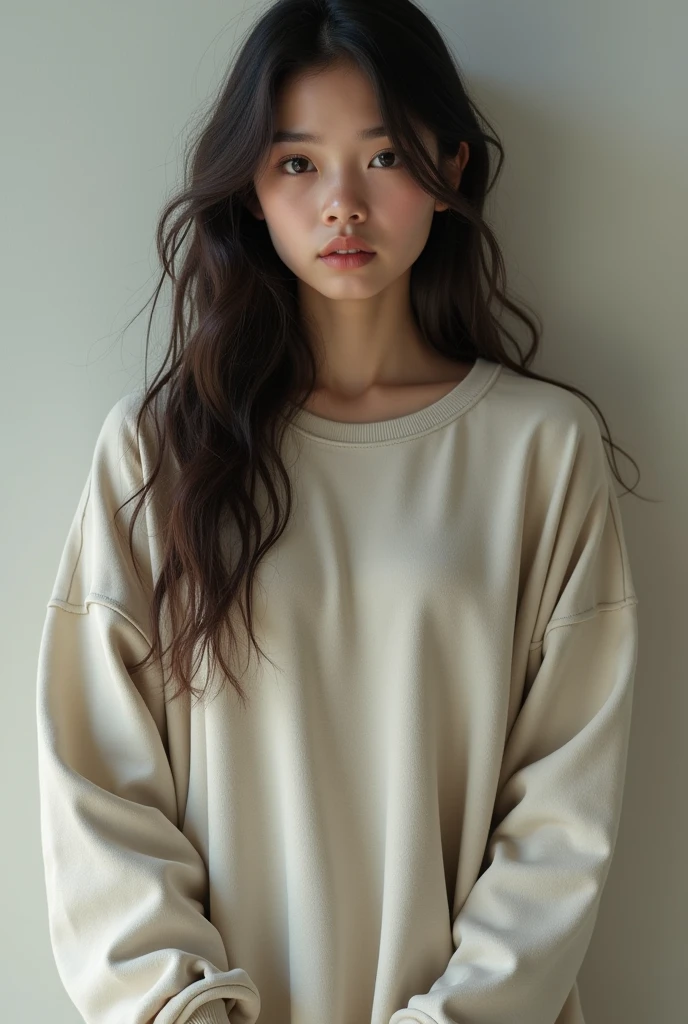 A Korean woman with black hair with brown highlights at the ends and pink clothes and light brown eyes 
