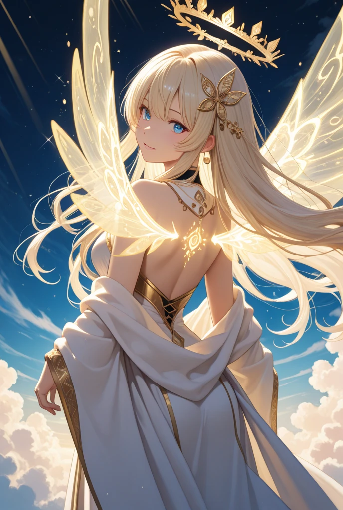 highest quality、Highest image quality、masterpiece、Beautiful white dragon and super beautiful elf beauty from behind((22 years old OL big bust、bust 90,beautiful long ironed hair、blonde、globe、、slender、Close-up、Esbian、beautiful tiara、High quality、beautiful art、background((starry ski)))muste piece、visual art、Depth of bounds written、low angle of morning sky、、elf ears、、magic of light、space knight、harp melody🎵、A happy smile、gentle light、、Beautiful legs that are gentle on the skin、、、Number of fingers to achieve precise finger movements、back view ticker beautiful decorative、elegant、mystical rosa、 heaven、marble columns, beautiful dressy、beautiful dress、magnificent marble dome、giant galaxy、religious painting、temple of time、great watch、hourglass、sundial、moment of creation!myth、alphonse mucha art、art nouveau、ancient greece、Rome、byzantine art、gold foil、Raphael's paintings、renaissance art、Lord of the Ring、sexy、friendly smile、fairy forest、Summer Forest、massive trees、many branches and leaves、Magnificent Temple、dragon、fantasy