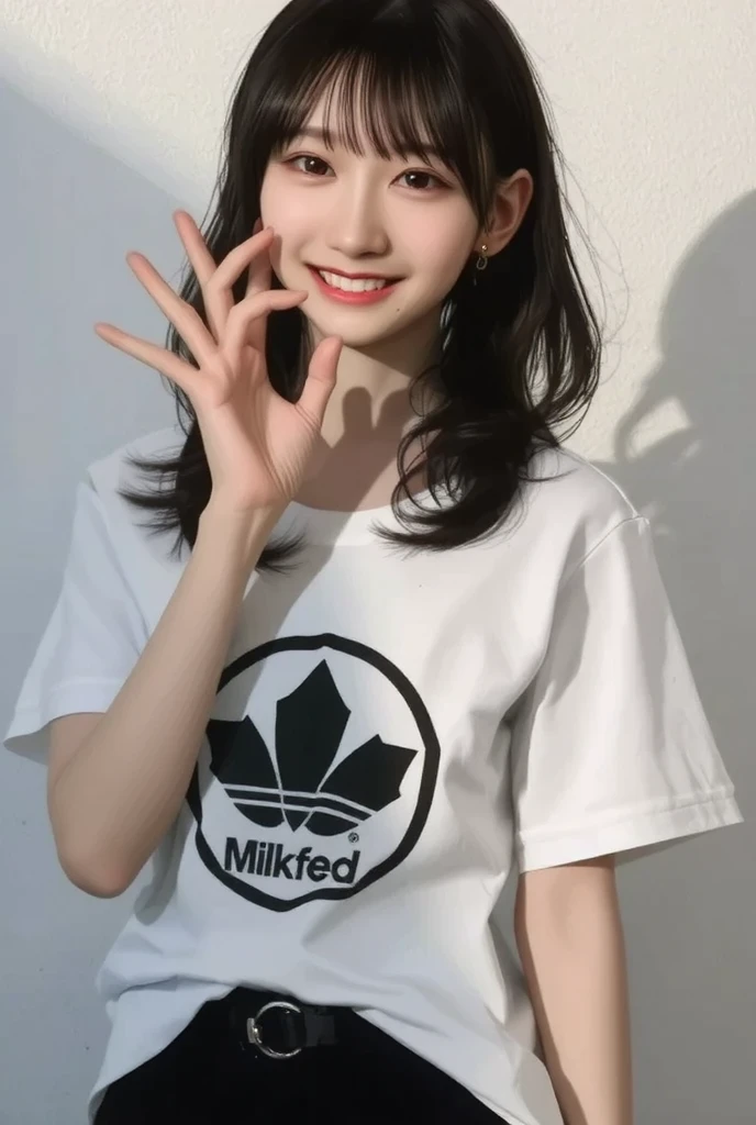 (kawaii 24 year-old Japanese girl, Nogizaka idol, Korean idol), healthy female athlete body, (glossy black hair, messy short hair, symmetric and even length hair:1.3), (forehead), (rounded face, black eyes, single eyelid, no makeup, soft smiling:1.2), (wearing over-sized t-shirt, skinny jeans:1.3), flat chest, extra small breasts, (looking at viewer:1.2), BREAK, (turf in the park background:1.3), (dynamic angle:1.3), face focus, BREAK, (masterpiece, best quality, photo realistic, official art:1.4), (UHD, 8K quality wallpaper, high resolution, raw photo, golden ratio:1.2), (shiny skin), professional lighting, physically based rendering, award winning, (perfect anatomy, highly detailed skin, extremely detailed face and eyes), Carl Zeiss 85 mm F/1.4, depth of field, 1girl, solo,