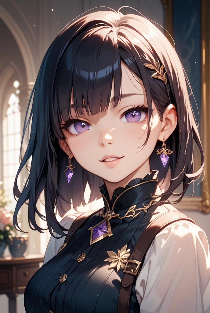 (masterpiece:1.5),(Beat quality),(high res),1girl solo,beautiful face,smile(shining eyes),upper body,light effects,black evening dress women,Castle