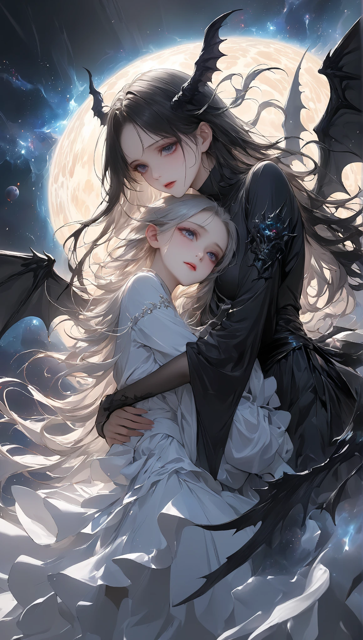 1 female, long silver hair, old dress and next to 5 black butterflies, black magic