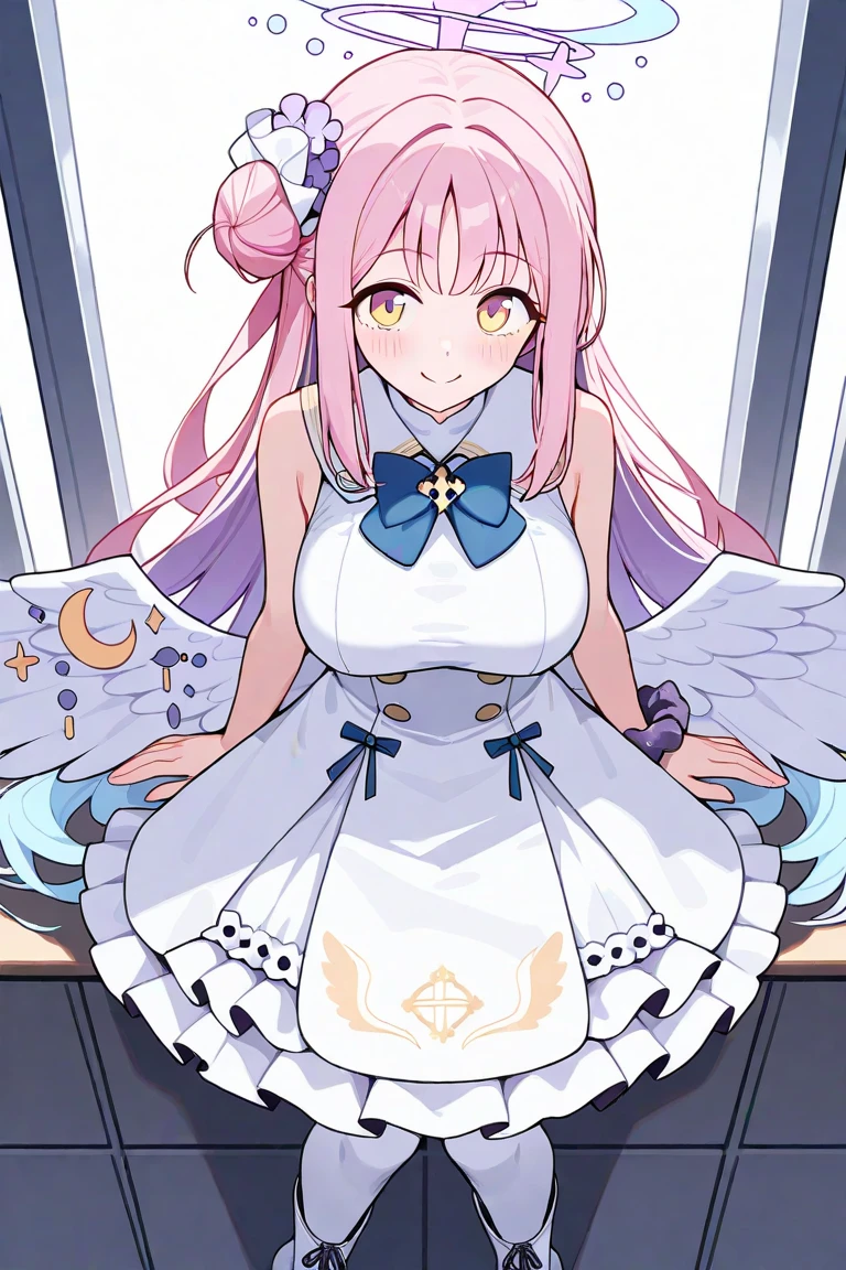 mika \(blue archive\), 1girl, solo, long hair, breasts, looking at viewer, blush, smile, open mouth, large breasts, hair ornament, dress, bow, yellow eyes, pink hair, flower, pantyhose, frills, lying, wings, sleeveless, hair flower, on back, armpits, white dress, hair bun, halo, arms up, pillow, sleeveless dress, blue bow, frilled dress, scrunchie, white pantyhose, white wings, single side bun, wrist scrunchie
