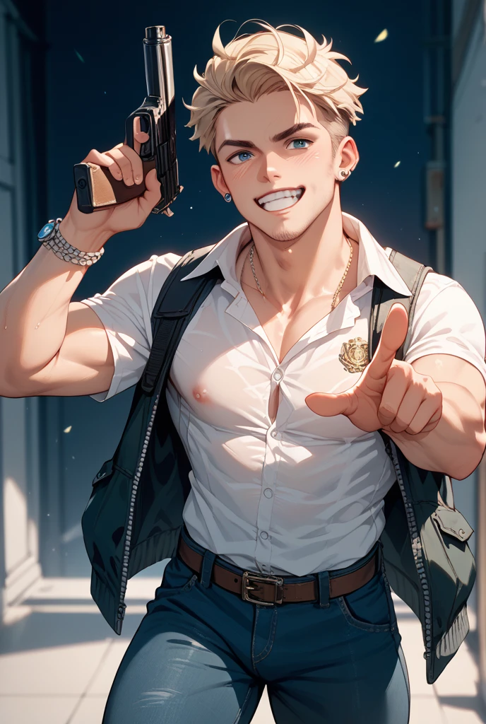 {middle aged man},{1 boy},{solo},{solid color background:white},have a beard,blond,short hair,Wear suspenders,Wear a hat,Clothes are torn
