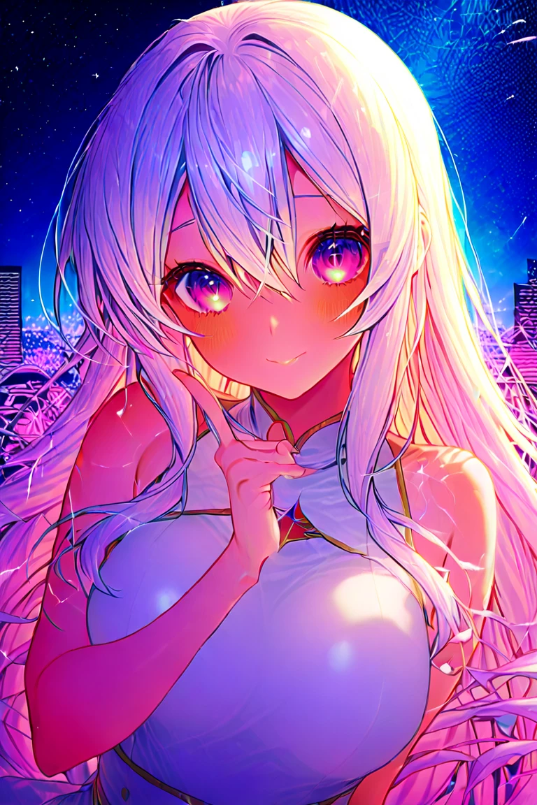 detailed background, masterpiece, top quality, smile, ornament, portrait, blue neon, graffiti, dark, night, glowing eyes, black light,long hair,pink eyes、(all nude:1.5)、(full body:1.3)