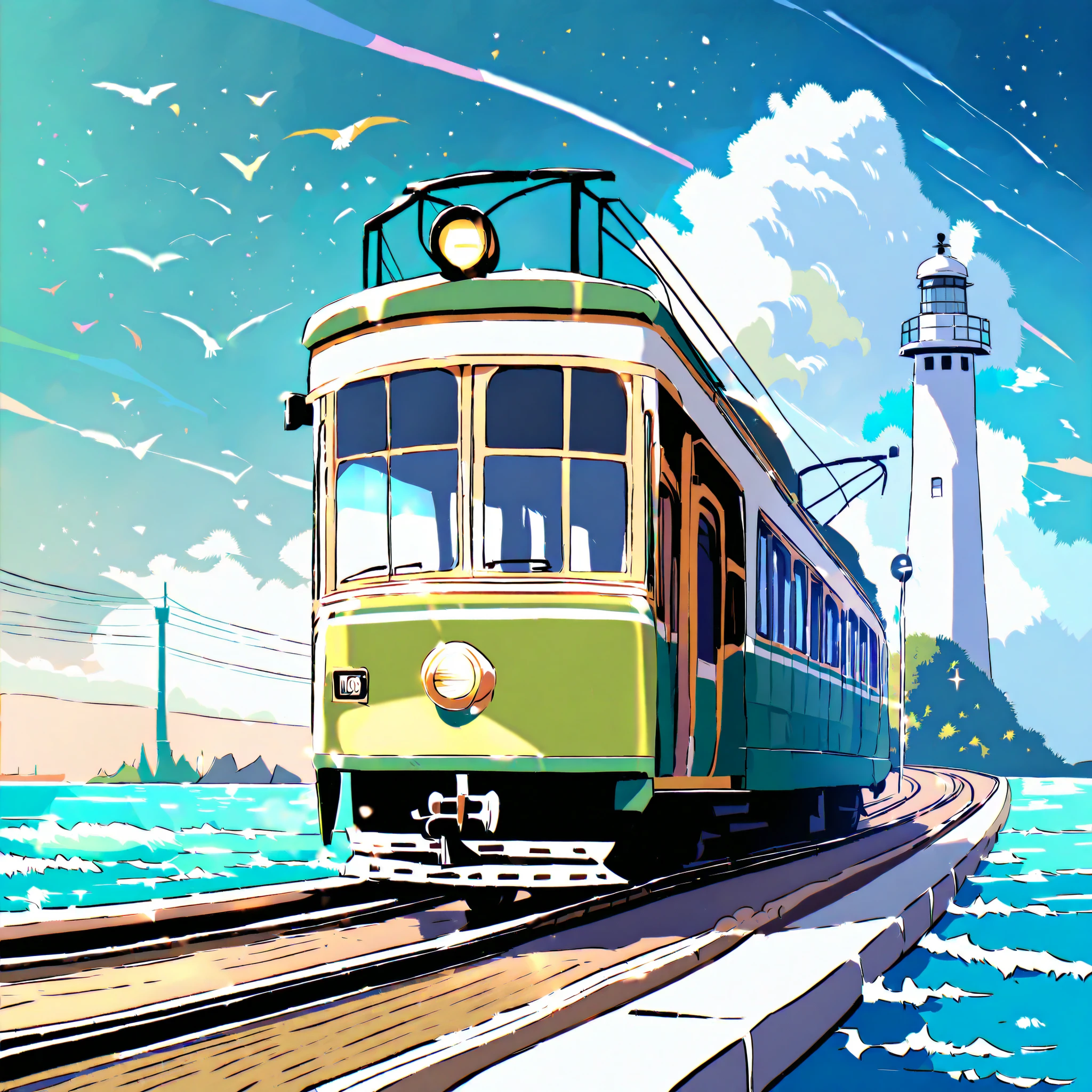 the green and beige streetcar number 1051, Streetcars that run on the tracks,The viewpoint is to hold the vehicle diagonally from the front,and the background is the ocean,The sunlight is dyed in bright colors. the sky is clear and bright blue, dotted with soft, Faint Clouds , making the picturesque scenery even more beautiful. Road running parallel to the tracks, You can see the ocean on the left,aspects that add a refreshing atmosphere to the urban environment. and the island with a lighthouse towering over the ocean looks small. you can catch a glimpse of everyday life in a scenic environment.