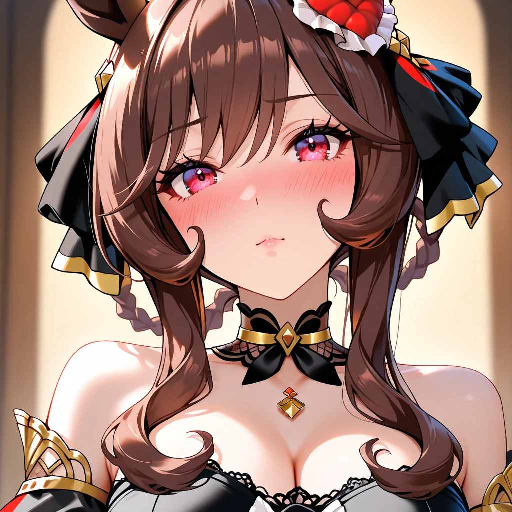 masterpiece, best quality, highly detailed, high resolution, expensive resolution, high resolution, 4K, 8k, uniform 8k wallpaper, highly detailed CG, masterpiece, 2D, 3D, beautiful details, depth, fine texture, best quality: 1.3, perfectly focused, crispy. skin, him, very cute anime girl, Her name is Mei, idol, brown double hair buns wearing expensive, mole under eye, looking at the viewer, cowboy short, expensive, blush, mole, plump lips, heart, pink eyes, heart shaped choker