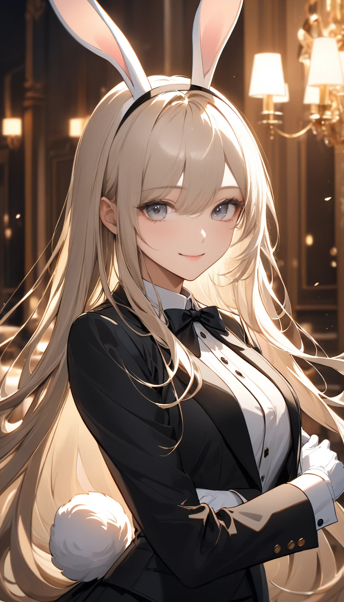 ((Top quality)), ((masterpiece)), (details),
High resolution, super detailed, very detailed CG Unity 8k wallpaper, real, photorealistic,
Beautiful fine face, detailed face.
Pale skin, realistic shining skin.
Detailed fabric texture, detailed hair texture.
(Eyes with attention to beautiful details: 1.5),
(Small hand), ((perfect hand)).
Slim legs, detailed legs.
((Perfect Anatomy)).
Perfect lighting.
Break
A girl,age:25, playboy bunny,
(Platinum Blonde Hair :1.3),
Long Hair, Straight Hair,
((Half smile:1.6)),
(Slender: 1.1), (most big chest: 1.8),
(Fluffy thighs: 1.1),
rabbit ears, black rabbit ears, fake rabbit ears Headband,
black leotard,
pantyhose, black pantyhose,
bowtie, wrist cuffs,
Break
Support the tray with a glass from below and lift it with one hand,
At Gorgeous background with a golden base,
