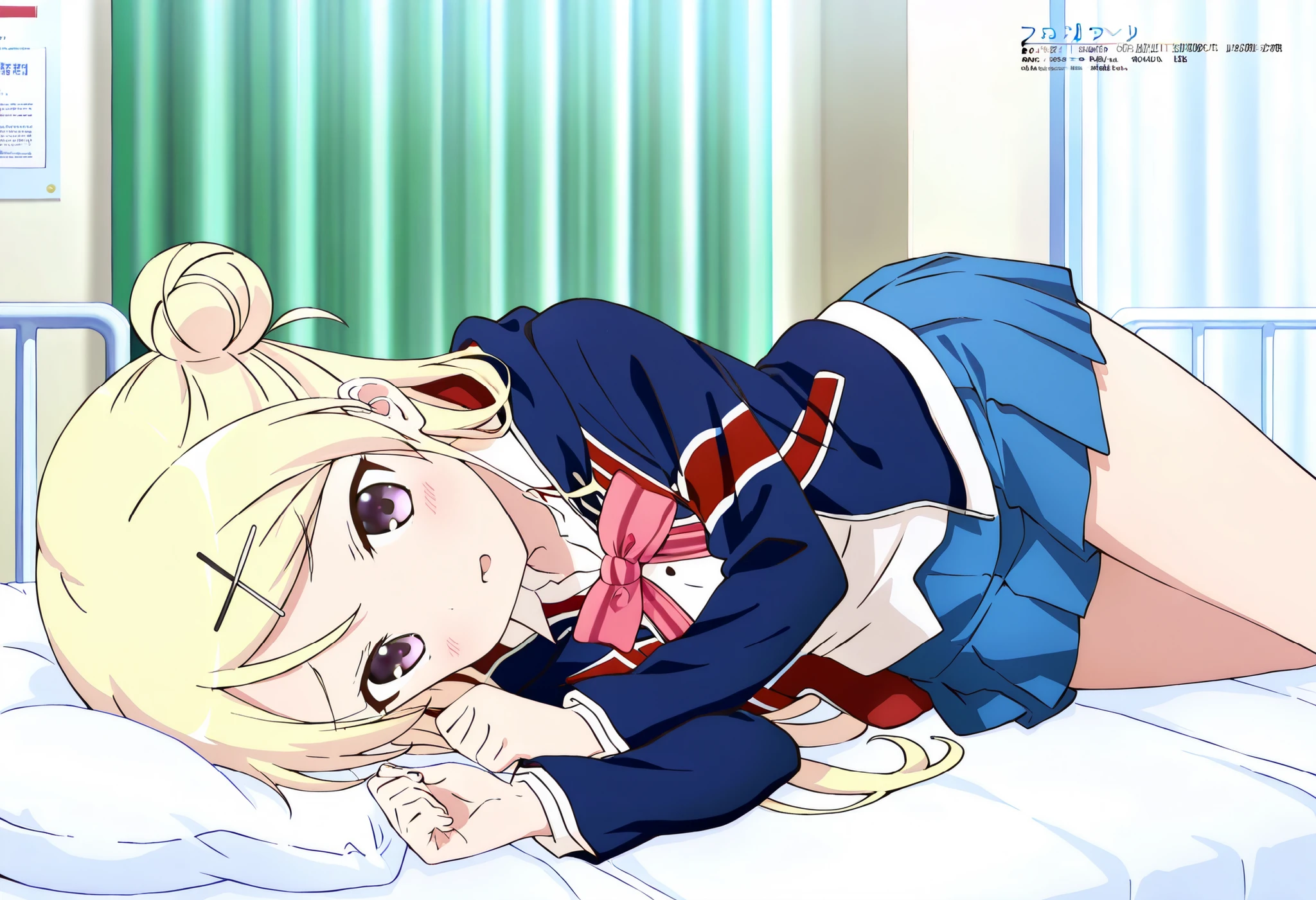 dropout of high school and unemployed kujo karen, long hair, medium breasts, blonde hair, purple eyes, single hair bun, x hair ornament,kin-iro mosaic high school uniform, union jack, jacket, pink bowtie, school uniform, shirt, blue skirt, Infirmary,bed,screen,solo、Lying in bed、