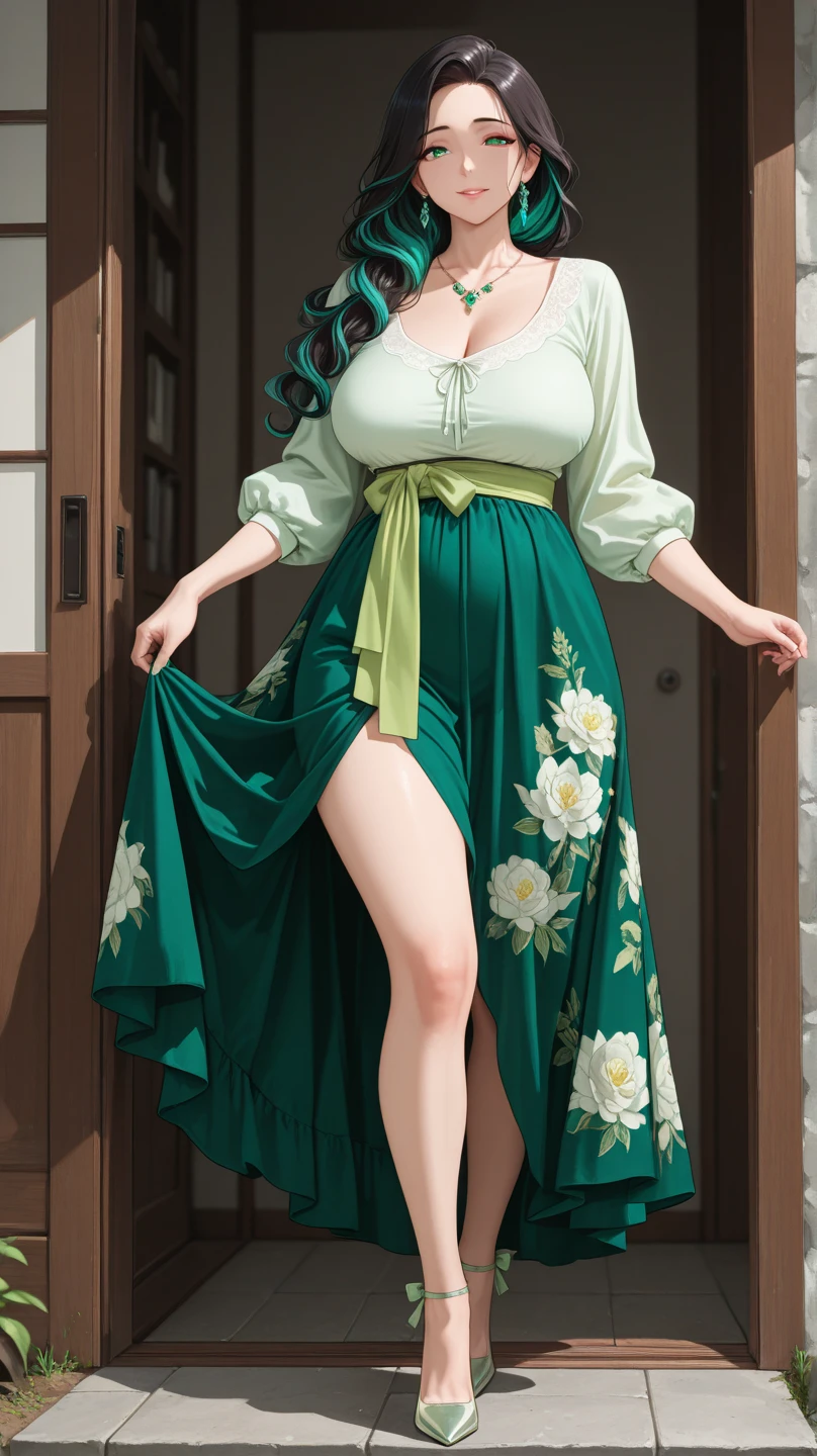 Masterpiece high quality high details realistic face ultra realistic face chubby face girl with curved body and long dark black hair wearing sage green dress