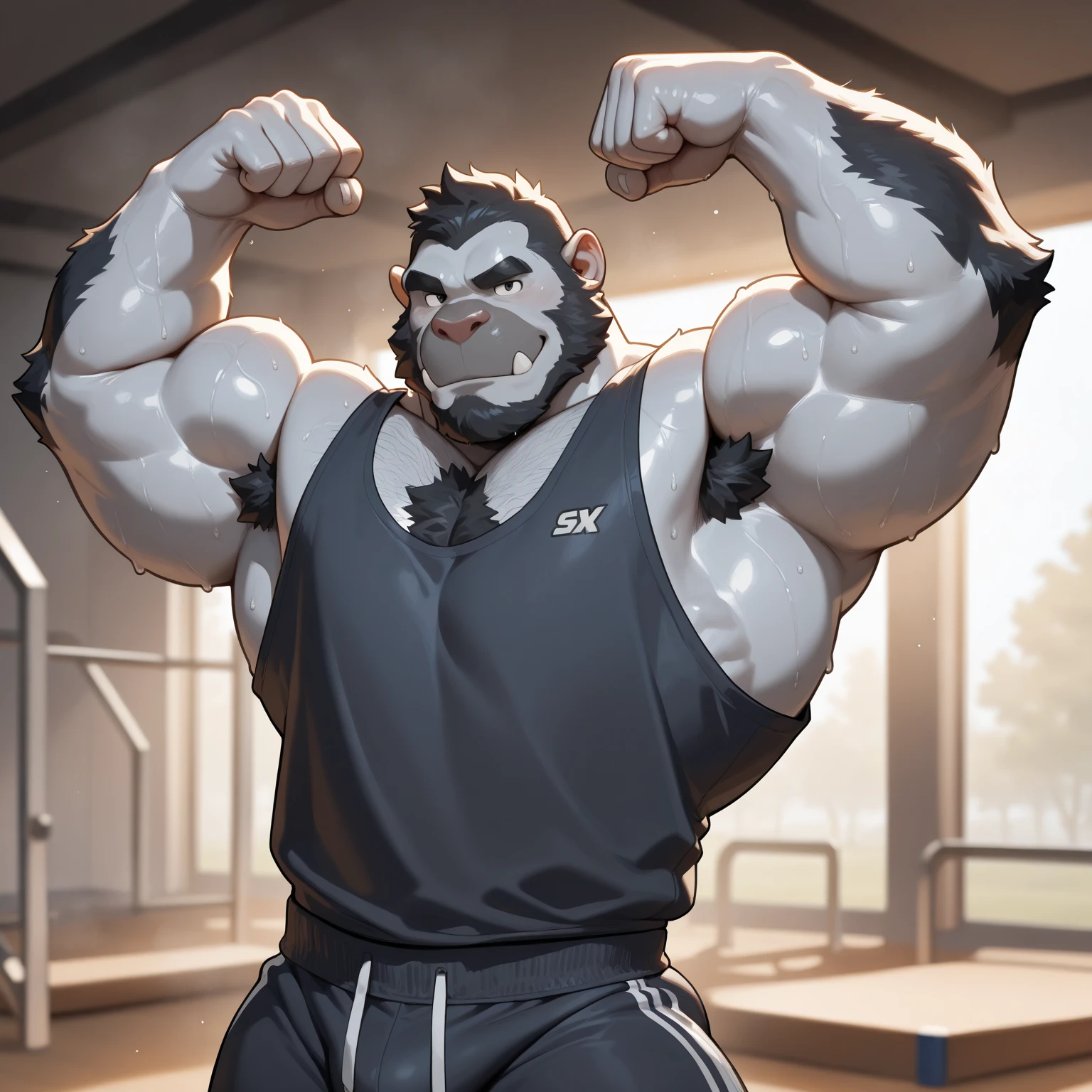 solo, 1boy, Huge Middle aged Muscular Old Grizzly Bear Daddy wearing glasses, hat, pectoral, huge pectoral, wide pectoral, short pants black wristbands gloves and tank top, waistbelt, bearded, Mustache, gym background, frontside, masterpiece, high detailed, 8k, high resolution, at the gym working out his chests, flexing his biceps