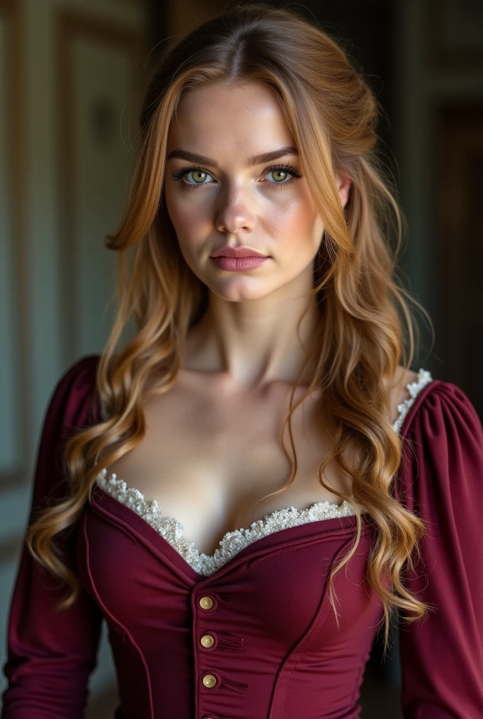 A young lady rs, with long red hair, wavy hair, tied in a side ponytail, with air bangs. She is wearing a red lace-up shirt. She is wearing leather pants. She has an hourglass figure. She is wearing gold earrings. Looking directly into the camera. She has fair skin, freckles, and braces, constricted pupils, parted lips, large breasts, perfect lips, perfect nose, cute face, baby facealism, cinematic lighting, jpeg artifacts, full body photo, bokeh, textured skin, UHD, best quality, masterpiece, high details