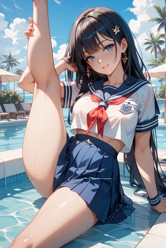 ((Top quality)), ((masterpiece)), (details), High resolution, super detailed, very detailed CG Unity 8k wallpaper, real, photorealistic, Beautiful fine face, detailed face. Pale skin, realistic shining skin. Detailed fabric texture, detailed hair texture. (Eyes with attention to beautiful details: 1.5), (Small hand), ((perfect hand)). Slim legs, detailed legs. ((Perfect Anatomy)). Perfect lighting. Break A girl,age:16 (Black hair:1.3), Medium Hair, Perm Hair, (smile:1.2), (Black eyes: 1.2), (Slender: 1.1), (Big chest: 1.2), (Big butt: 1.2), (Pluffy thighs: 1.2). (White Sailor hat,Visor navy blue), (White Sailor suit,navy collar), (Skirt white, collar navy blue), ((String panties:1.2), (white high socks:1.3), Arched Backing,saluting, Break ((Full body shorts)), Background across the sea, Wave splashes fly, summer daytime,