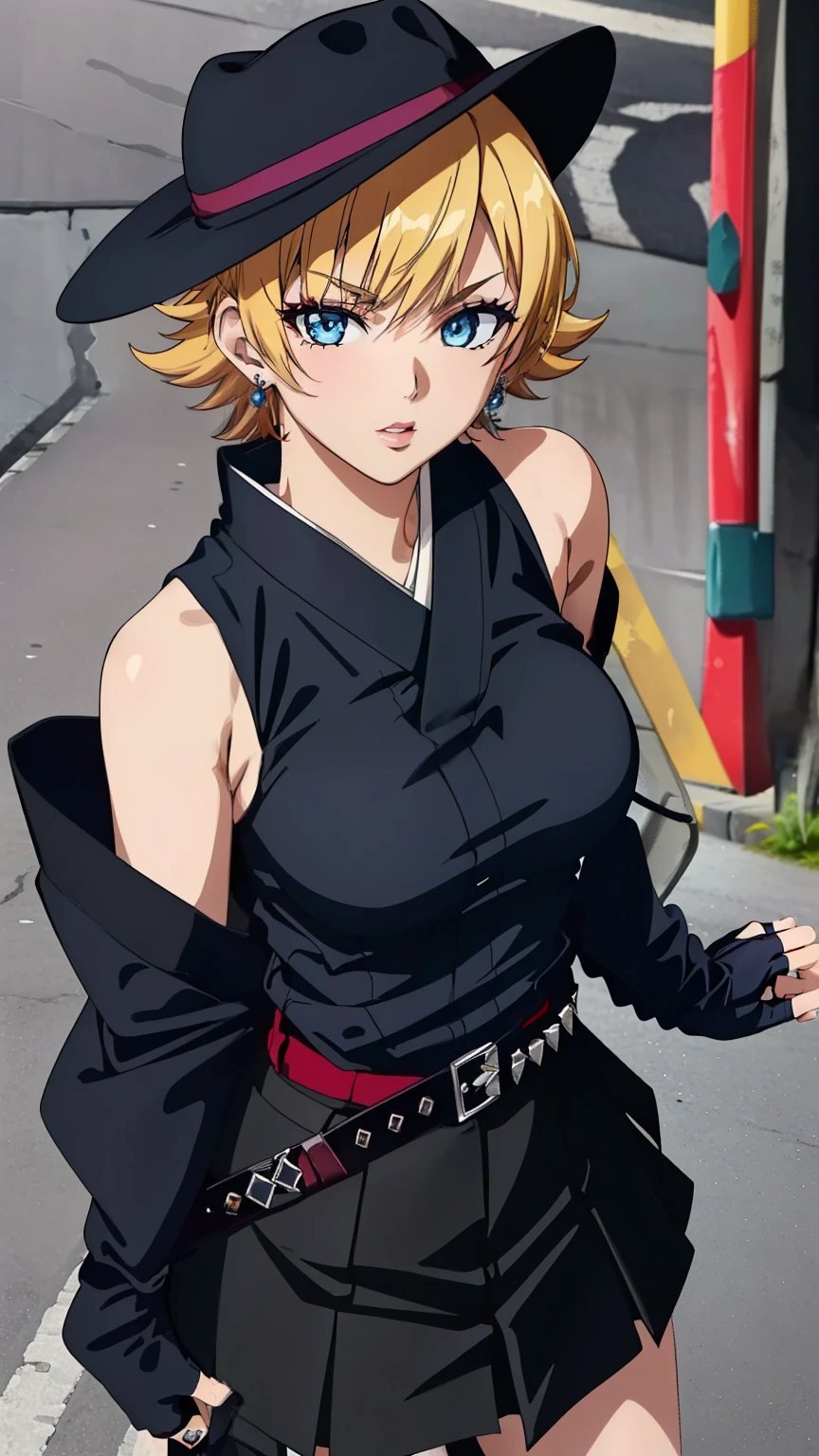 (Top quality, masterpiece, 8k:1.2), (anime coloring:1.4), very detailed, perfect hair style, beautiful eyes, perfect eyes, detailed eyes, perfect eyebrows, perfect face, detailed face, perfect hairstyle, ultra-detailed, detailed eyes, symmetrical eyes, (dynamic angle), sharp detailed,1girl, solo, igawa sakura, (mature face:1.0), slim, slim body, (medium breast:1.2), (dark blue eyes: 1.2), nffsw, Photorealistic perfect body、(Japan Gal:1.5)、(mature face:1.0)、(street rock fashion, (black clothes:1.3), ripped skirt, fingerless gloves, fedora, belt, natural lips, earrings, heavy makeup, street corner),