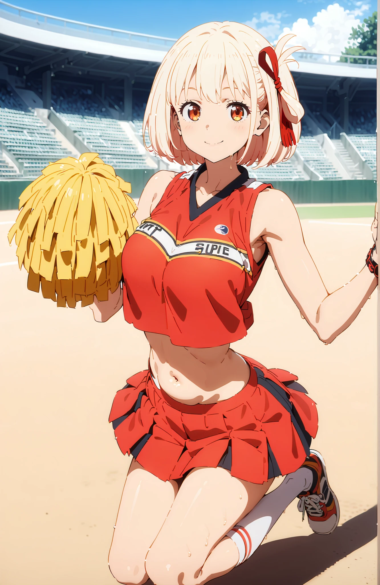 Nishikiki Chisato, solo,short hair, bungs, Gold, Red Eyes, hair ribbon, one side up, bob cut,
(Cheerleading), (full body), on chest, (sweated), sweated Wet Clothes, (Red clothing),sleeveless, pleated skirt,White socks,sneakers,belly button out, playground, (jump), (jump), 足を曲げてjumpする, , blue sky, Compa, smile,cheerleader, Pom-pom \(Cheerleading\) real hair ornaments,full bodyがイラストに入るように,in their 40s looking at viewer,full body,
in their 40s outdoors, stadium,
in their 40s (masterpiece:1.2), best quality, high resolution, Unity 8Kの壁紙, ( 's art :0.8), (beautiful detailed eyes:1.6), very detailed face, perfect lighting, very detailed CG, (perfect hand in h, Perfect Anatomy),