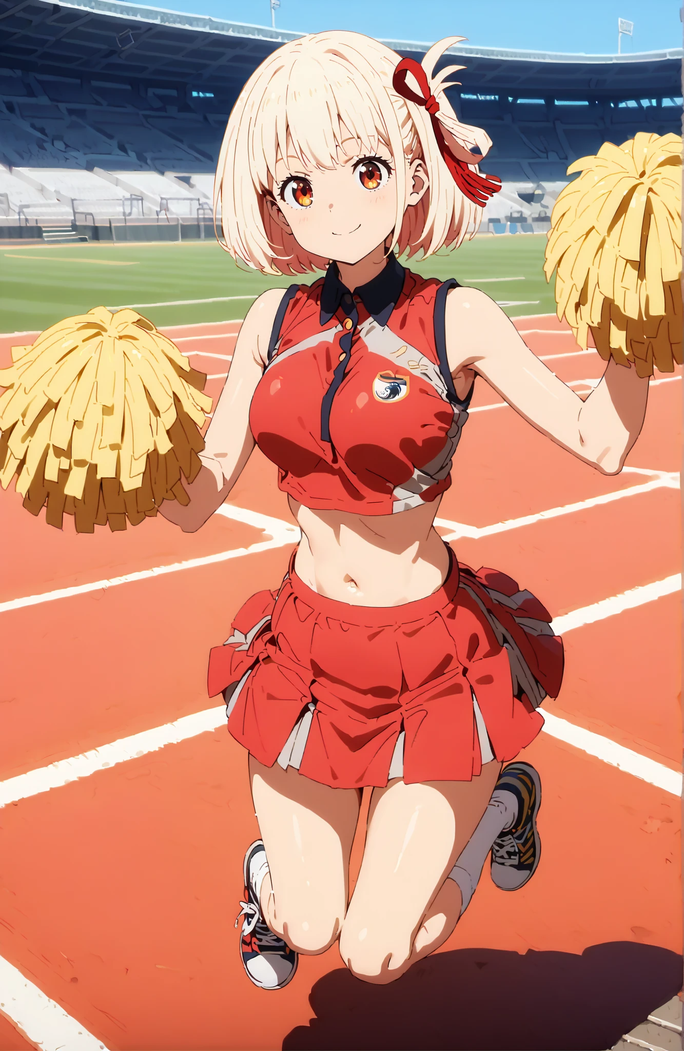 Nishikiki Chisato, solo,short hair, bungs, Gold, Red Eyes, hair ribbon, one side up, bob cut,
(Cheerleading), (full body), on chest, (sweated), sweated Wet Clothes, (Red clothing),sleeveless, pleated skirt,White socks,sneakers,belly button out, playground, (jump), (jump), 足を曲げてjumpする, , blue sky, Compa, smile,cheerleader, Pom-pom \(Cheerleading\) real hair ornaments,full bodyがイラストに入るように,in their 40s looking at viewer,full body,
in their 40s outdoors, stadium,
in their 40s (masterpiece:1.2), best quality, high resolution, Unity 8Kの壁紙, ( 's art :0.8), (beautiful detailed eyes:1.6), very detailed face, perfect lighting, very detailed CG, (perfect hand in h, Perfect Anatomy),