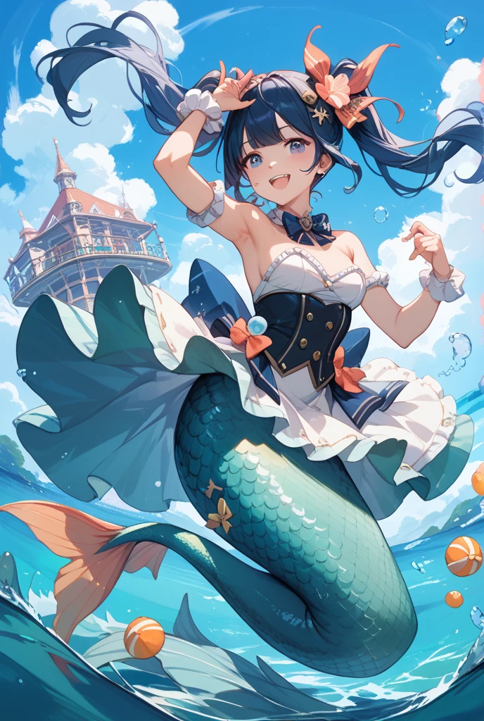 masterpiece, best quality,(Full fingers),A woman,Mermaid,Large Breasts,Head fin,Blue shirt,Blue Skirt,藍色的Mermaid尾巴,full-body shot,ocean,Beach,charming脸(Kawaii, charming,Soft)