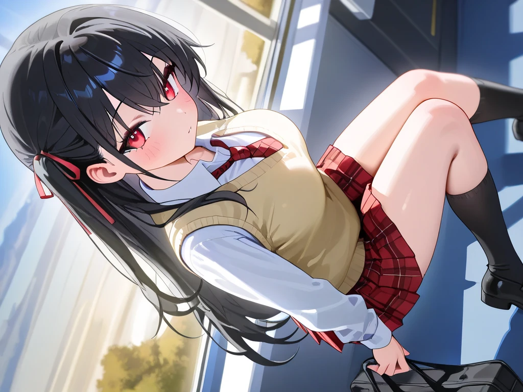 nsfw,suzune horikita, 1girl,1boy,((penis)),,(Red eyes:1.3),locker room,cowboy shot,(Medium chest),Hair Ribbon,naked,(((cowgirl position,girl on top))),Black thigh-high socks,((orgasm,pussy juice)),short hair