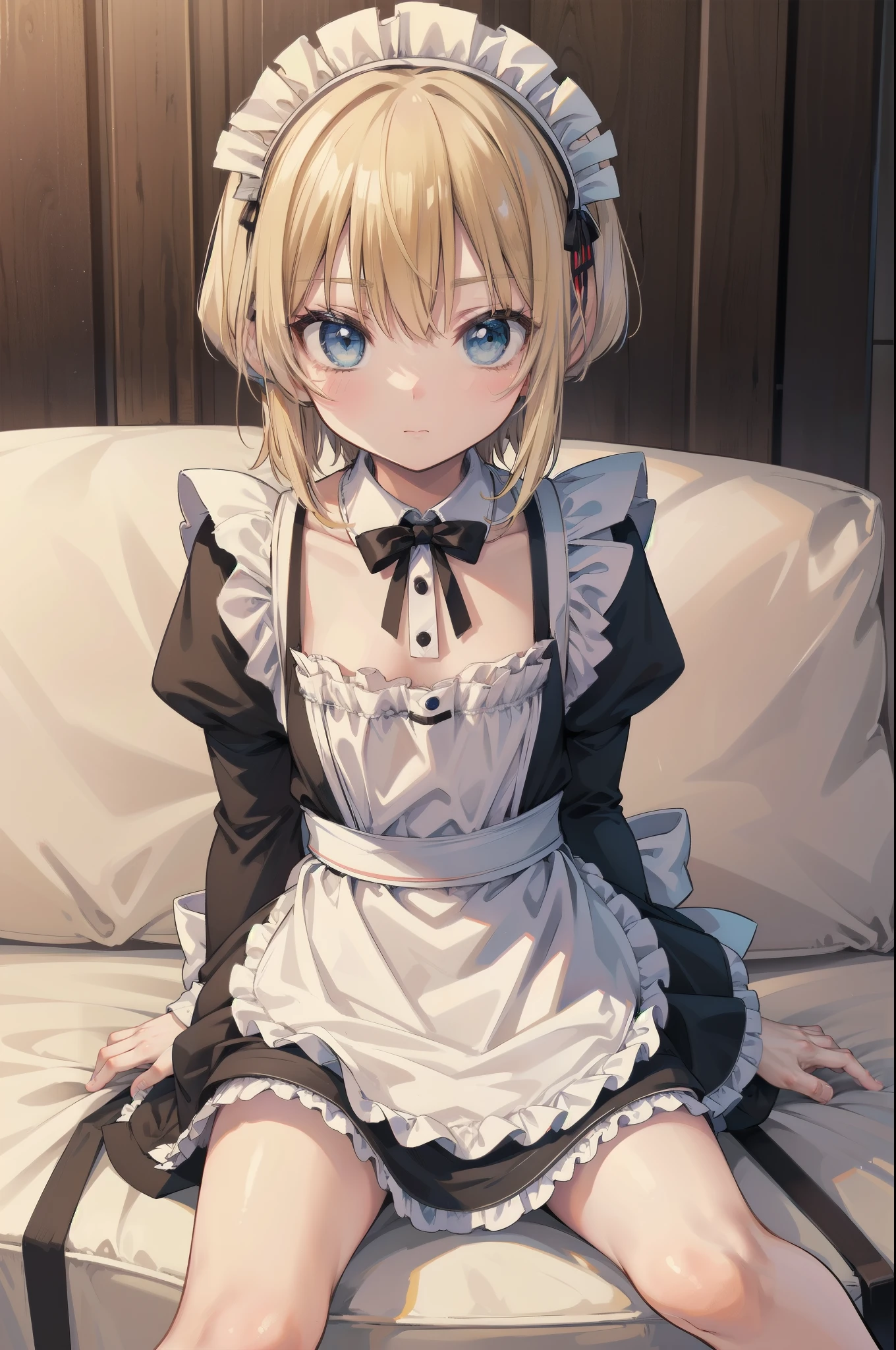 (knees together feet apart), Gently stare, by krenz Cassiato , is sitting, Asuka, Asuka, Anime Styleイラスト, Official Art, high quality anime-style art as a model, high resolution, Anime Style, (maid clothes:1.6), (face close-up:1.1), (NSFW:0.9), ( blond and blue eyed), head accessory, (flat chest),