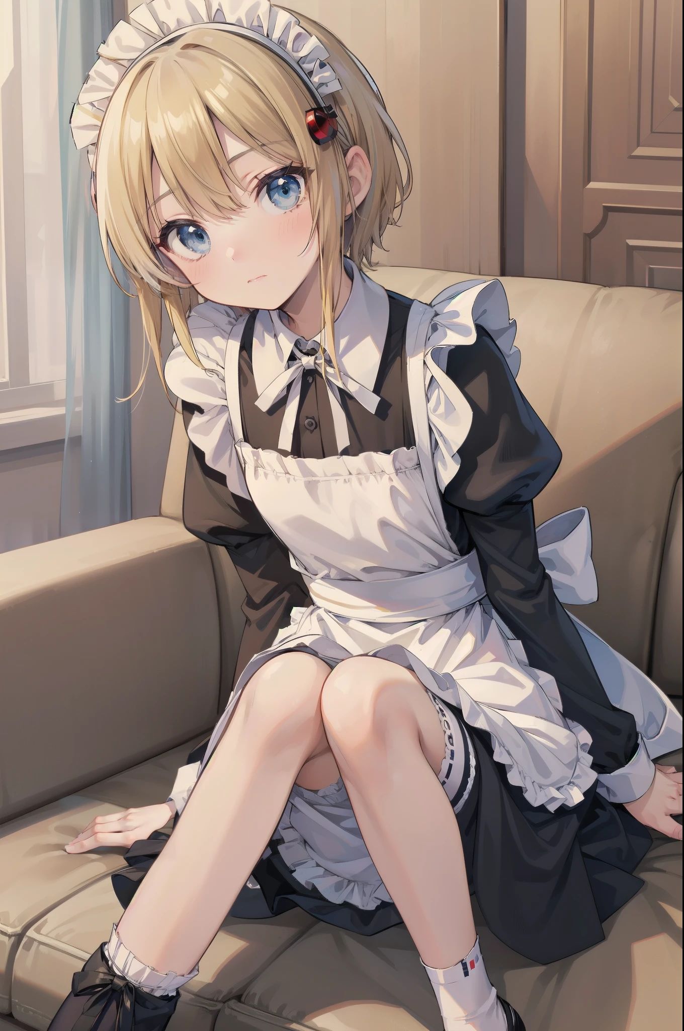 (knees together feet apart), Gently stare, by krenz Cassiato , is sitting, Asuka, Asuka, Anime Styleイラスト, Official Art, high quality anime-style art as a model, high resolution, Anime Style, (maid clothes:1.6), (face close-up:1.1), (NSFW:0.9), ( blond and blue eyed), head accessory, (flat chest),