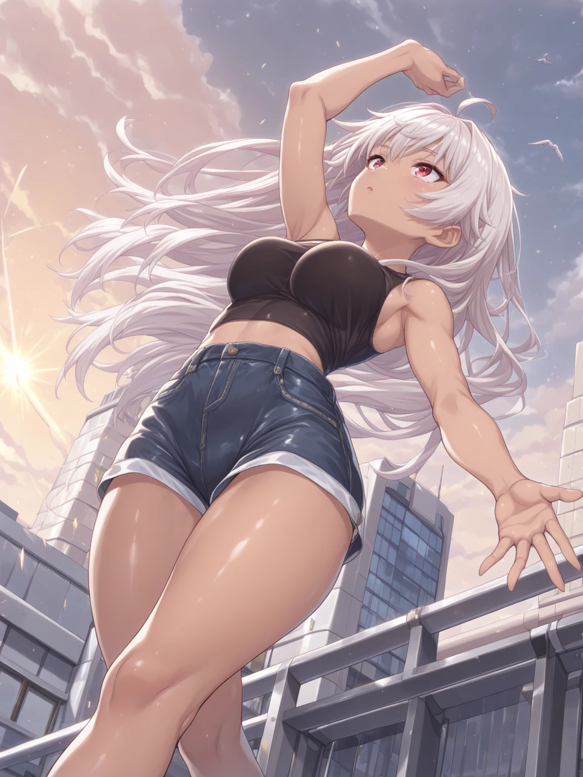 Girl, full body, white hair, clear sky, underwear, white eyes, raised hands, joy, smiling, beautiful, smooth skin, refreshing style, deep colors, full body, jumping for joy, high quality, 8K, ultra-realistic