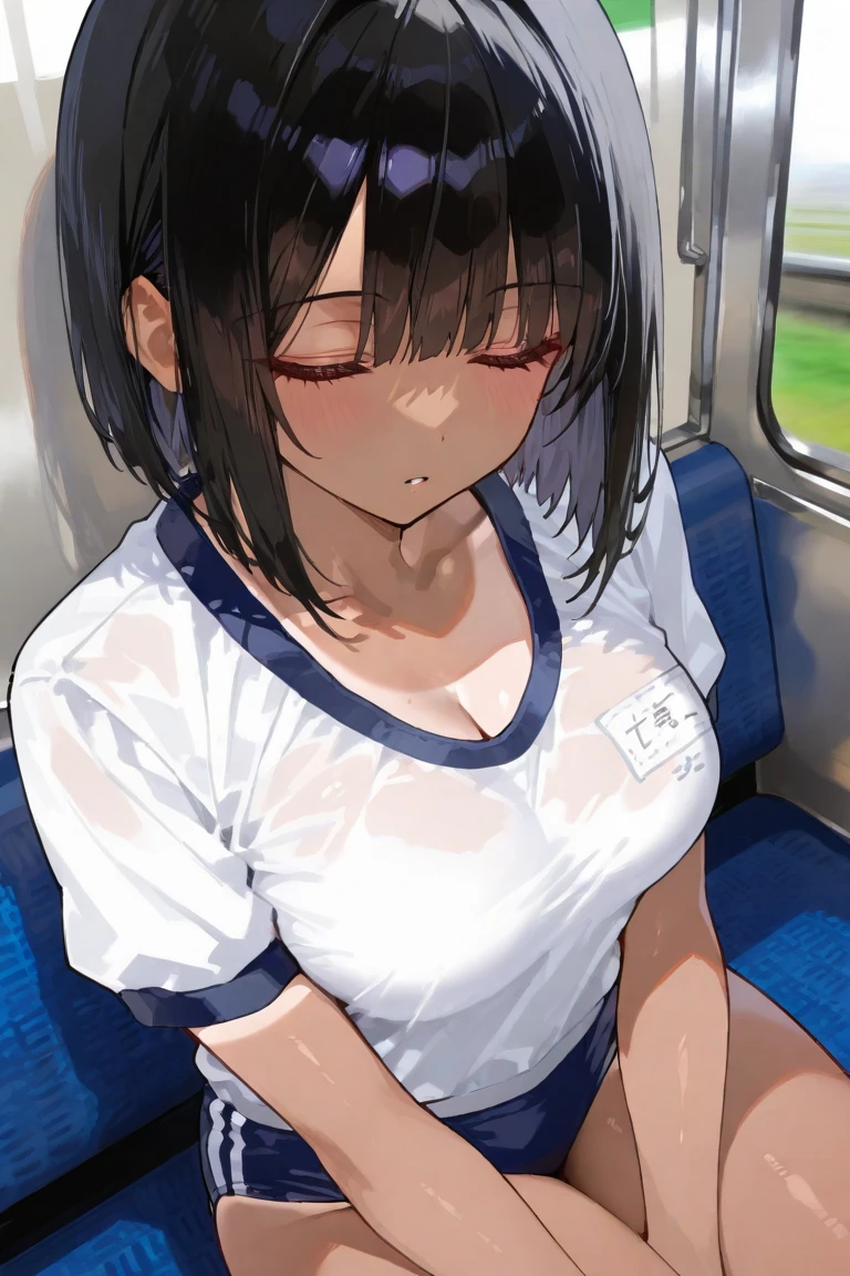 Crying girl with black bob hair、Small breasts、Upper body naked、Nipples are erect、Pale pubic hair、Floral Panties、Floral bra、Checked Skirt、A naked middle-aged man is grabbing her vagina with both hands on the train、Chest up