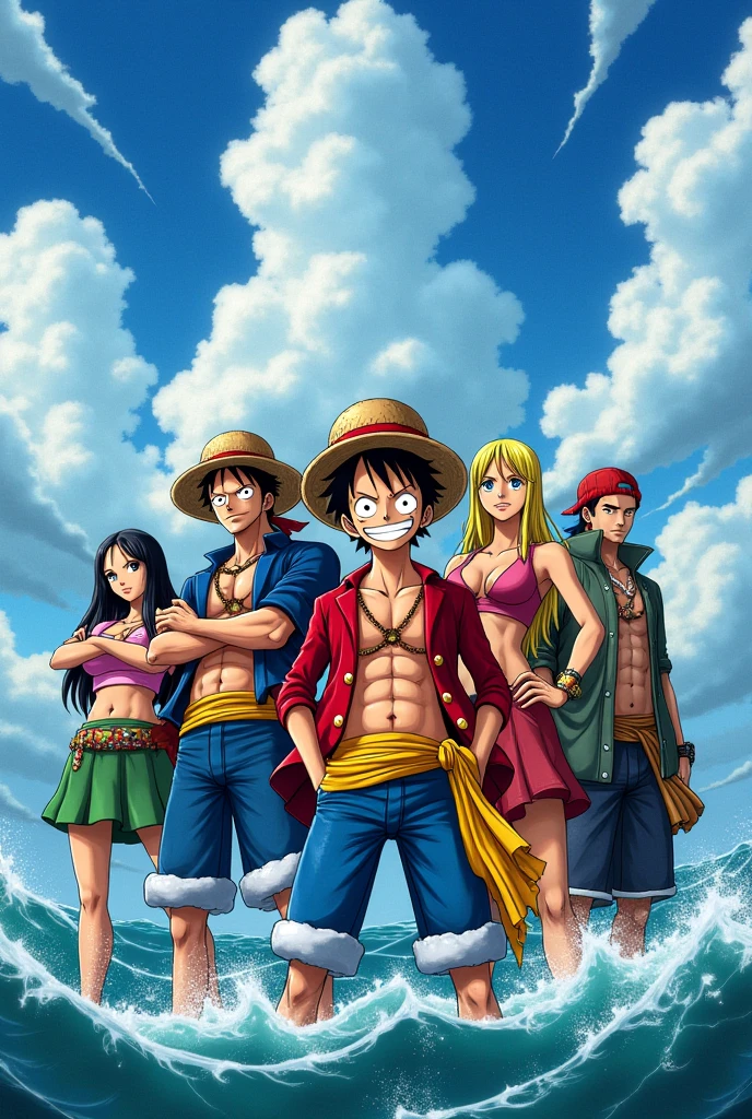 Image of the current Straw Hats gang with Princess Vivi and Bonney.