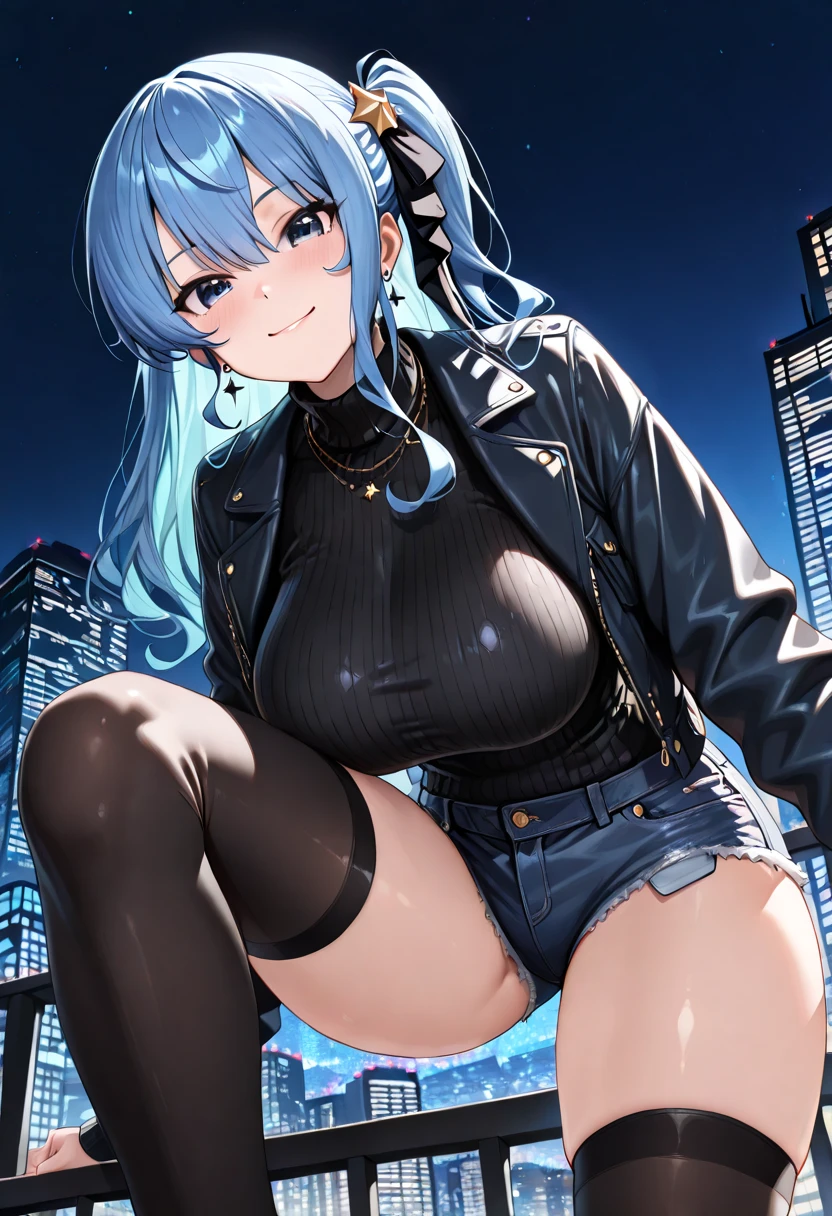 YelanV4, 1girl, solo, short hair, blue highlights, looking at viewer, smile, breasts, night city background, butt, bare shoulders, teeth, tight shirt, short sleeves, closed mouth, jean shorts, black t-shirt, portrait, shorts, skin tight outfit, seductive, realistic, best quality, masterpiece, ultra detail, ultra high res, extreme detail, 8k, round ass, perfect face, detailed face, extreme detail, voluptuous, realistic