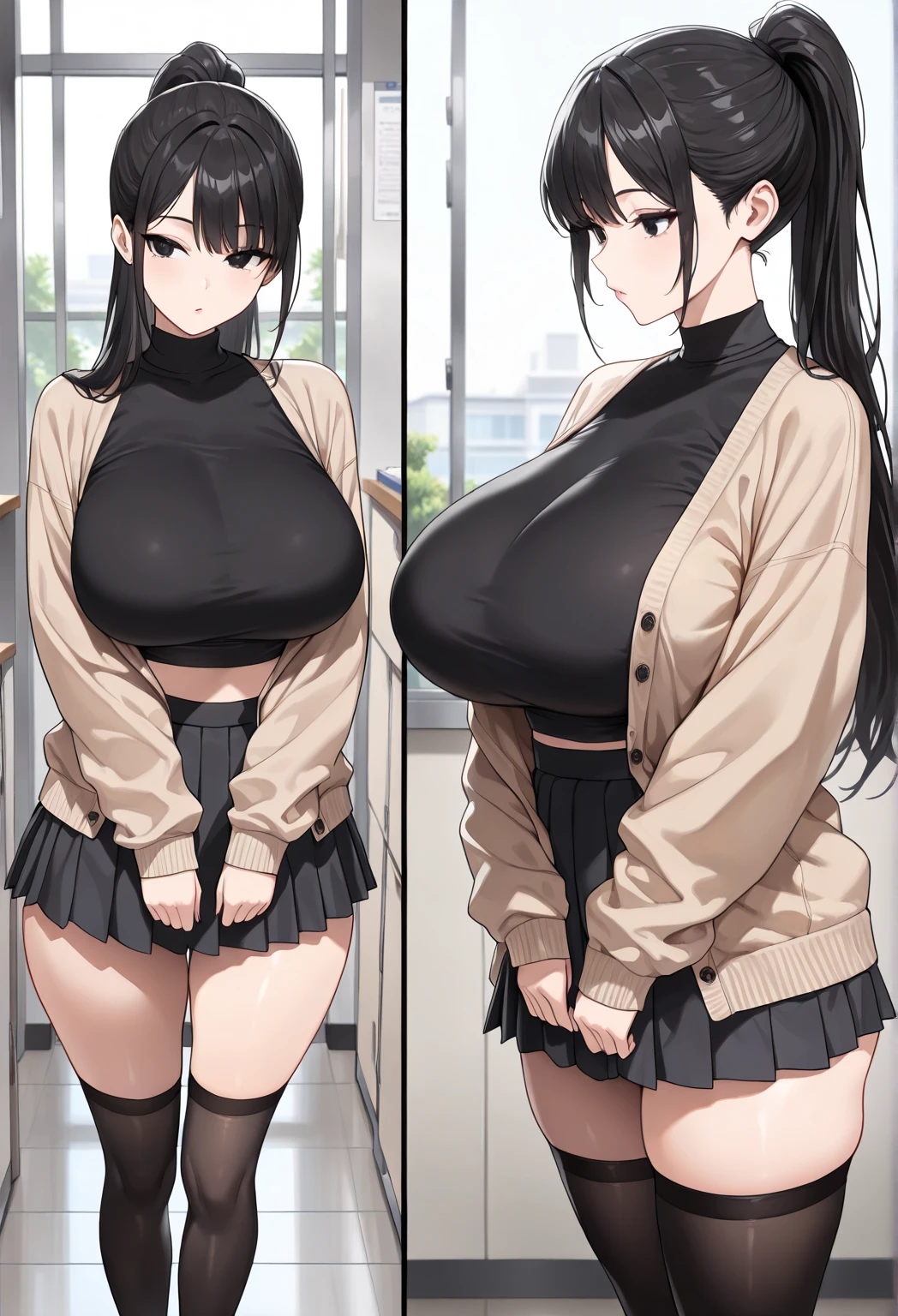 Masterpiece, highres, high Quality, detailed face, detailed body render, 1girl, solo, hyuuga hinata, hinata-sleeveless-outfit, large breasts, big breast, sleeveless shirt, fishnet top, dark lips, unzipped jacket, no bra, breasts out, nipple, standing, blushes, (on bedroom)