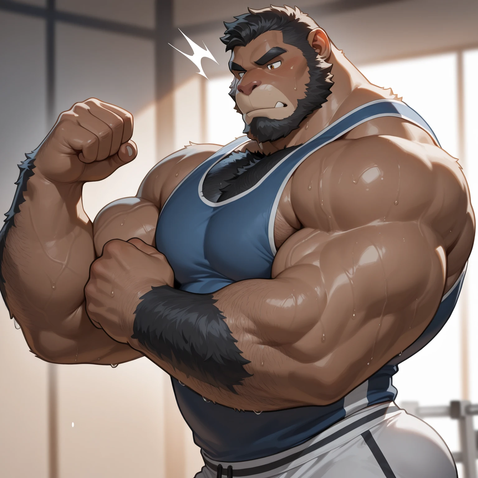 Chubby, furry,male , anthro bear, very plump, middle aged , mouth covered mustache,Thick beard, seductive , detailed , full body , tight tank top, extremely hot and sexy, eye closed, by hyaku ,by darkgem, by glitter trap boy