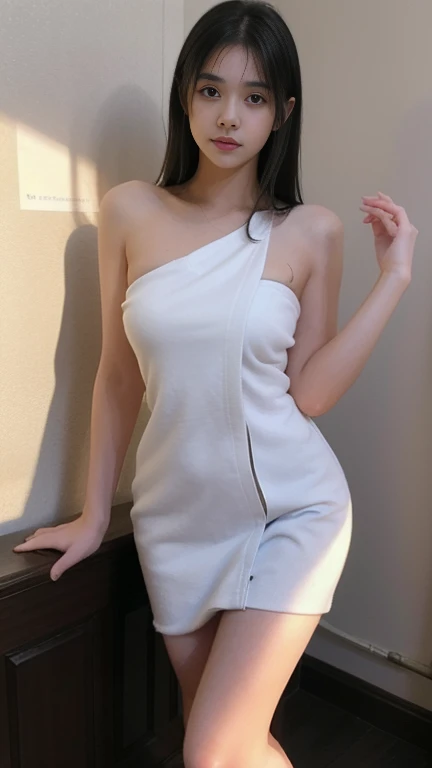 One Girl、From below, (whole body, Are standing), シングル編み込みの茶髪のponytail, Parted bangs, grey hair、Attractive eyes、Shortcuts、ponytail、Fuller lips、Camisole dress、Beautiful Skin、Small breasts、Small breasts、at night、A spectacular night view as a backdrop、You can see the night view in the distance、RAW Photos、Highest quality、ultra High resolution、High resolution、masterpiece:1.3、8k、Professional Photographer