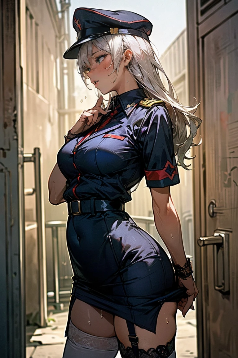1female,35yo,plumw,extremely large bosom, 独奏,(Background with:Huge machinery,space ship,space) She has short blonde hair,Twist braids,seen from the front, hair straight,,(((tmasterpiece),(Very detailed CG unity 8K wallpaper),best qualtiy,cinmatic lighting,detailed back ground,beatiful detailed eyes,Bright pupils,Blue eyes,Snow-whiteskin,Redlip(Very fine and beautiful),(Beautiful and detailed eye description),ultra - detailed,tmasterpiece,))facing at camera,A high resolution,ultra - detailed),revealing breasts,Bare genitalia, Bulge,legs are open,Raised sexy,Camel toes,Flushed complexion,Desire for dissatisfaction,frontage,American pilot,military hat,Dark green bomber jacket,Black pantyhose,on cheongsam