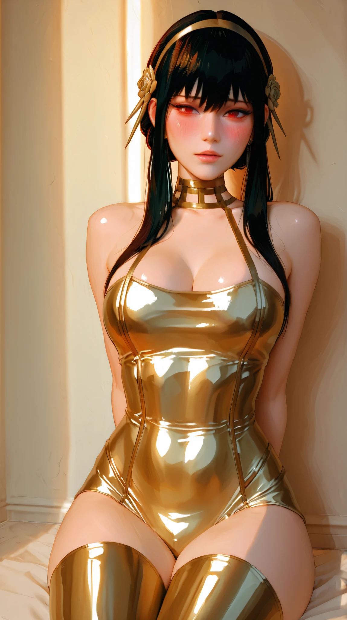 (((Yor Briar))), long black hair, red eyes, ulzzang, gold headband, realistic depiction, elegant appearance, pale and shiny skin, full lips with lip gloss, red and gold monochromatic color scheme, soft lighting, cleavage, huge , gold bodysuit, thigh highs, casual, ((arms behind back)), sexy, blushing, sitting, legs open,