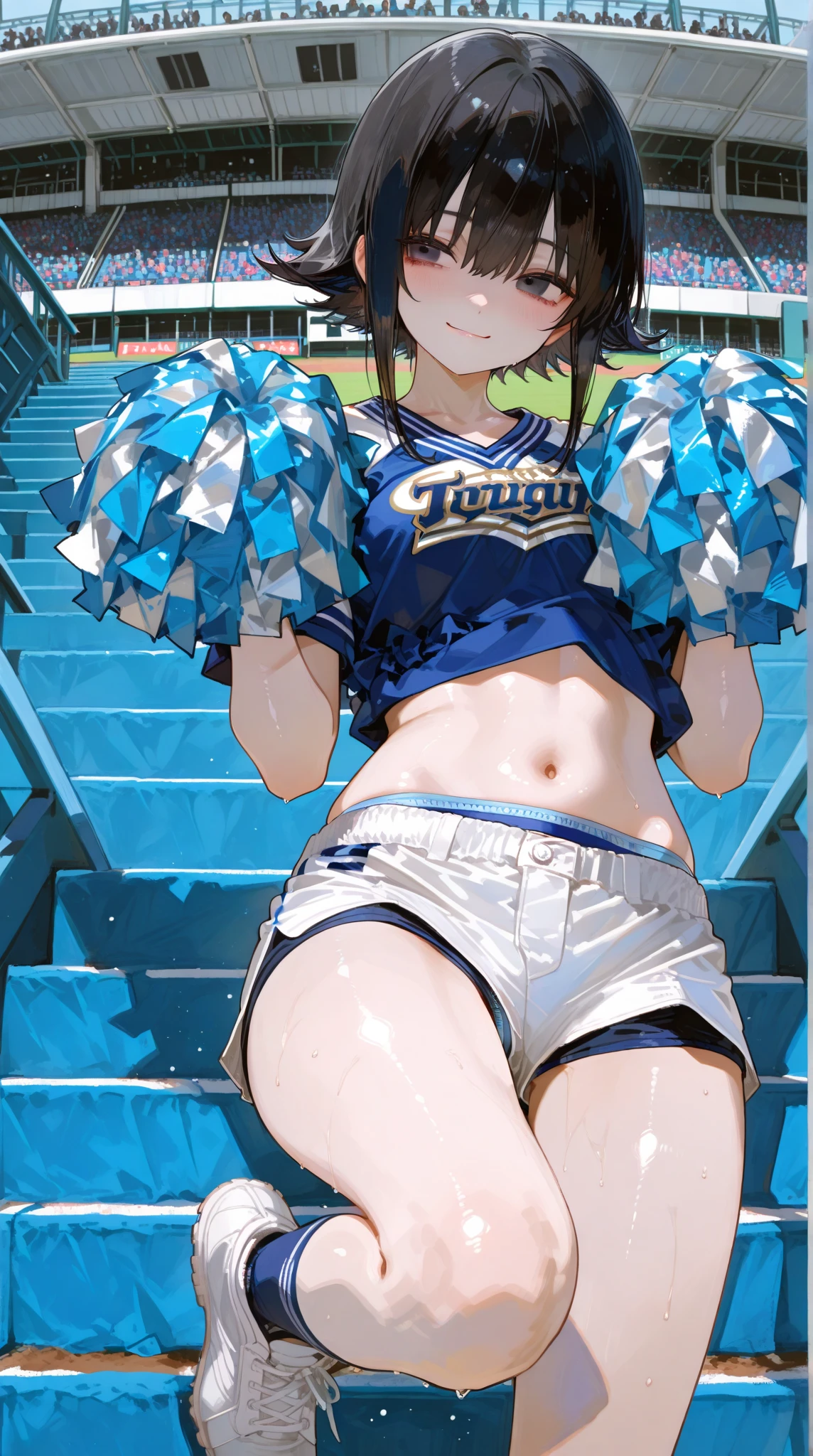 (((Best Quality, 8k, photo realistic:1.4, Masterpiece))), back Lighting, highly detailed facial textures women, 18yo, (((blue Cheerleader:1.2))), ((Stadium Background: 1.2)), arm up, beautiful make up, black eyes, smile, open mouth, shiny brown messy short hairstyles, squat pose, cowboy shot