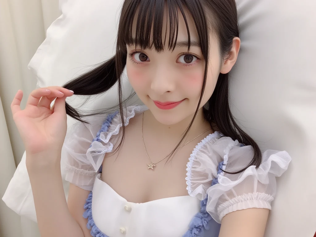 (Girl showing the inside of her mouth:1.5)、(Close up portrait of twin-tailed hair girl with slender small breasts in cute dress with ruffles:1.3)、(without background:1.3)、(tre anatomically correct:1.3)、(complete hands:1.3)、(complete fingers:1.3)、Photorealsitic、Raw photography、masutepiece、top-quality、Hi-Res、delicate and pretty、face perfect、Beautiful detailed eyes、Fair skin、Real Human Skin、pores、((thin legs))、(Dark hair)