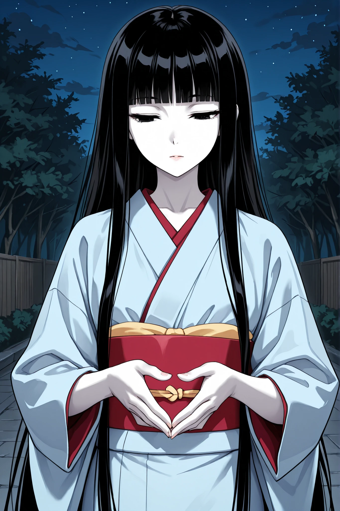 1 girl, beautiful girl,adult,18 years old,black eyes,narrow eyes,black hair, very long hair,blunt bangs,skinny,masterpiece,general,highres, ultra-detailed,very aesthetic,best quality ,best hands,5_fingers,best eyes,perfect anatomy,anime coloring,easynegative,anime style,white skin,whole body,night,kimono