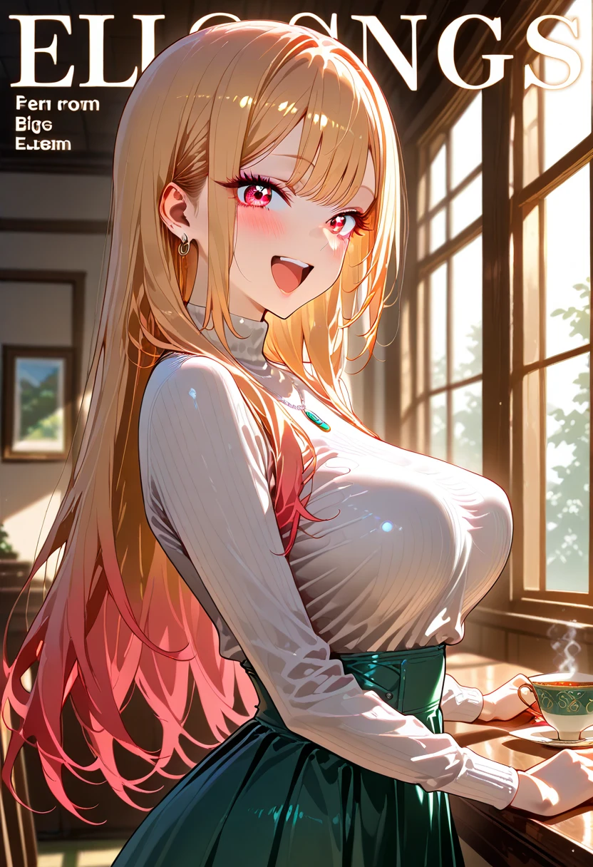 Masterpiece, Best Quality, finely detailed, 1 girl, (rubio), giant, beautiful, (green eyes), (eyelashes), (huge breasts), Mitra, 1 girl, Alone, long_Hair, old, SMILE, hits, rubio_Hair, Big_old, Green_eyes, (blond hair) (shirt: 1.2) (sweatshirts: 1.2)