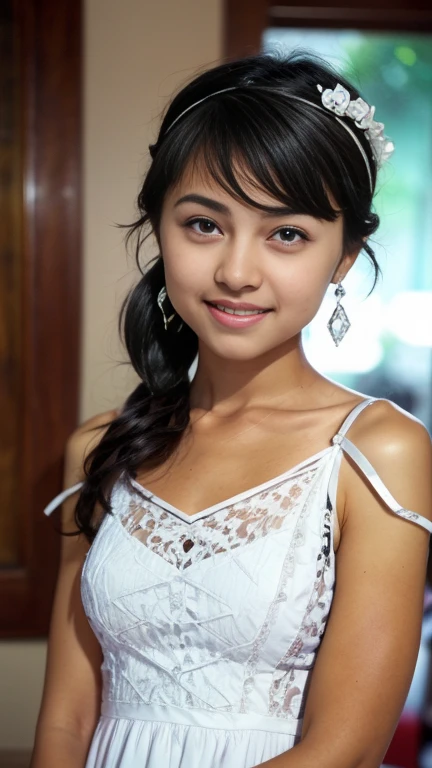 (8k, RAW Photos, Best Quality, High Resolution: 1.1), (Ultra Realistic: 1.4), (Realistic, Photorealistic: 1.3), young girl, (Malay Pakistani look), wearing red floral low cuti dress, posing like supermodel in green garden,  6pm, (dimples cheek), Realistic Face, Realistic Body, Realistic Skin, side view, Absurdity, Masterpiece, (Cute: 1.8), Cuties, Solo, Detailed Black Eyes, Innocent Eyes, Cheek, Film grain, long necklace,  small earrings, ((hair black, long straight rebonding hair)), cherry colored lips,  look viewer from below, upper body, open lips, cleavage, medium breast, nipples, upper teeth, cute smile show teeth, (smiling eyes: 0.6), (grin: 1.2)), depth of field, blurred background, eye focus, bokeh, young, 85mm lens f/2, ambient soft lighting,  photon mapping, radiosity, physically based rendering, 