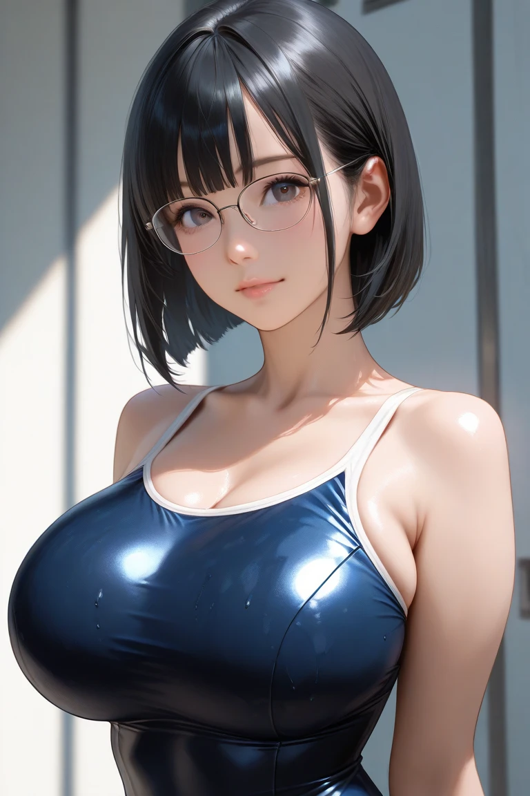 best quality, master piece, ultra high resolution, (photorealistic:1.4), Raw photo, japanese woman, (1 girl), (18-year-old:1.6), black hair, very short hair, beautiful eyes, Perfectly double, angelic smile, extraordinary smile, Glasses, (huge breasts:1.3), curvaceous woman, Beautiful waist, Boncubon's body, Beautiful waist, wear (striped bikini)、garden、