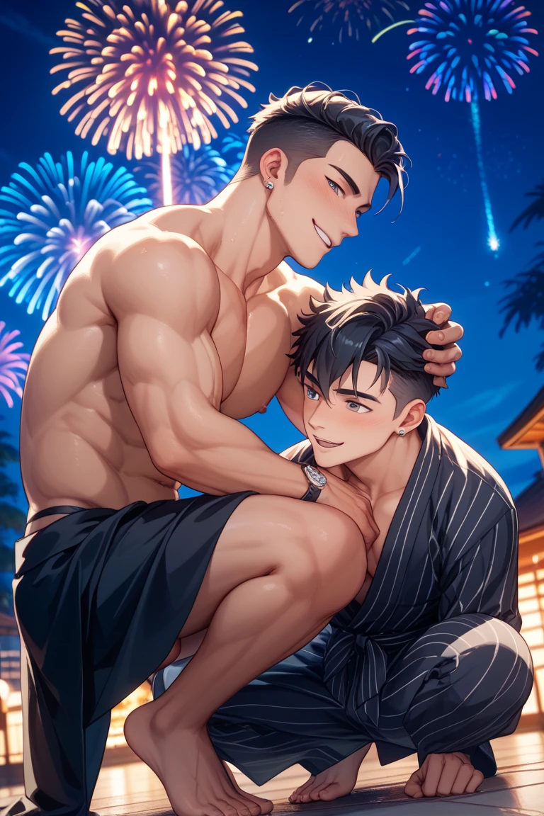 Two Japanese boys hugging and kissing，Black and silver hair，Muscular male，quadratic element，swimming uniform，sea beach，the night，There are fireworks in the sky