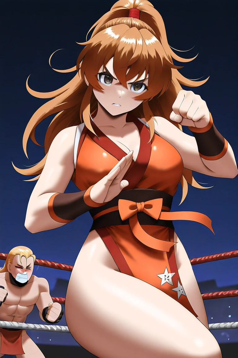 Best Quality, hires, curvy midsection, solo, 1 girl, strong woman, female wrestler, smile, happy), (detailed titration screen, upper body only, anime style: 1.8, anime drawing, ultra detailed face, ultra detailed body, 4k, Sumergai Lee Noriega, (standing), best quality, anime style, hires, highest definition, digital blending, bold drawing lines, ((wwe diva), ((location: wrestling arena, crowds watching)), ( pro female wrestler, long attractive belly, slim body, (strong arm muscles), broad shoulders , off-shoulders, closed fists, (very curvy: 2.8)), ((elegant red bikini , shorts, white gloves, collar, arm band, (champion belt))), (pale skin, big breasts, closed mouth), (big eyes, brown eyes, shiny eyes), (), (reddish hair, loose hair, curly hair, wavy hair, long hair, missy hair), 27 years old