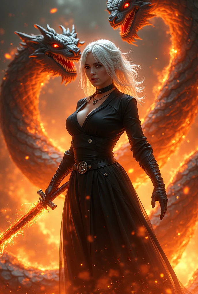 (best quality,4k,highres,masterpiece:1.2),ultra-detailed,(realistic,photorealistic,photo-realistic:1.37),Daenerys Targaryen portrait,beautiful detailed eyes,beautiful detailed lips,extremely detailed eyes and face,long eyelashes,gorgeous woman,confident expression,soft skin tones,elaborate braided blonde hair flowing down her back,flowing blue dress,light blue eyes,sharp focus,stunningly vibrant colors,low-key lighting,mysterious atmosphere, whole body, dancing with dragons ( red dragon ) illustration