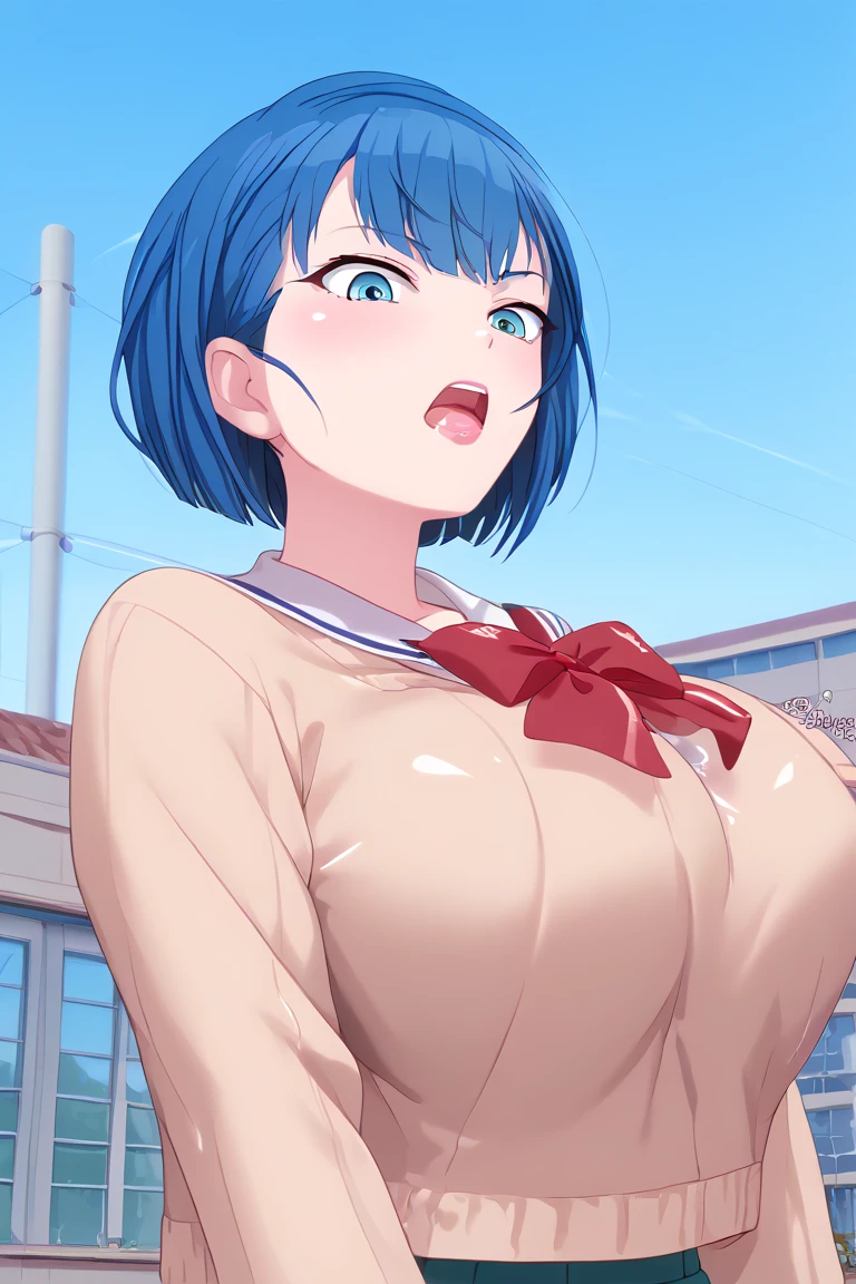 (masterpiece), best quality, (16k), expressive eyes, perfect face, office lady, 1 girl, solo, large breast, navel, ((topless)), (((wet navy blue solid pencil mini skirt))), bare arms, bare legs, shiny skin, wet body, indoors, in the locker room, Purple hair, very short hair, wet hair, blue eyes, (curvy), (voluptuous), standing, sad, wavy mouth, (cowboy shot), from behind, steam breath, (orgasm:1.4),