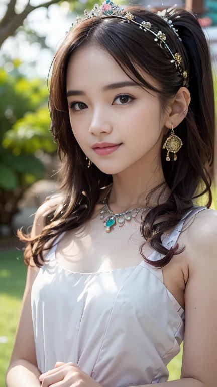 ((masterpiece)), 8K, masterpiece, highest quality, 1 girl, alone, realistic, garden, realistic, Super detailed, detailed background, (alone: 1.4), happy expression, slender body, realistic Highly detailed long hair, intricate details, masterpiece, highest quality, waist shot, (Flowering garden background)), smile, ((looking at camera)), earrings, long straight black hair, asymmetrical bangs, natural breasts ,