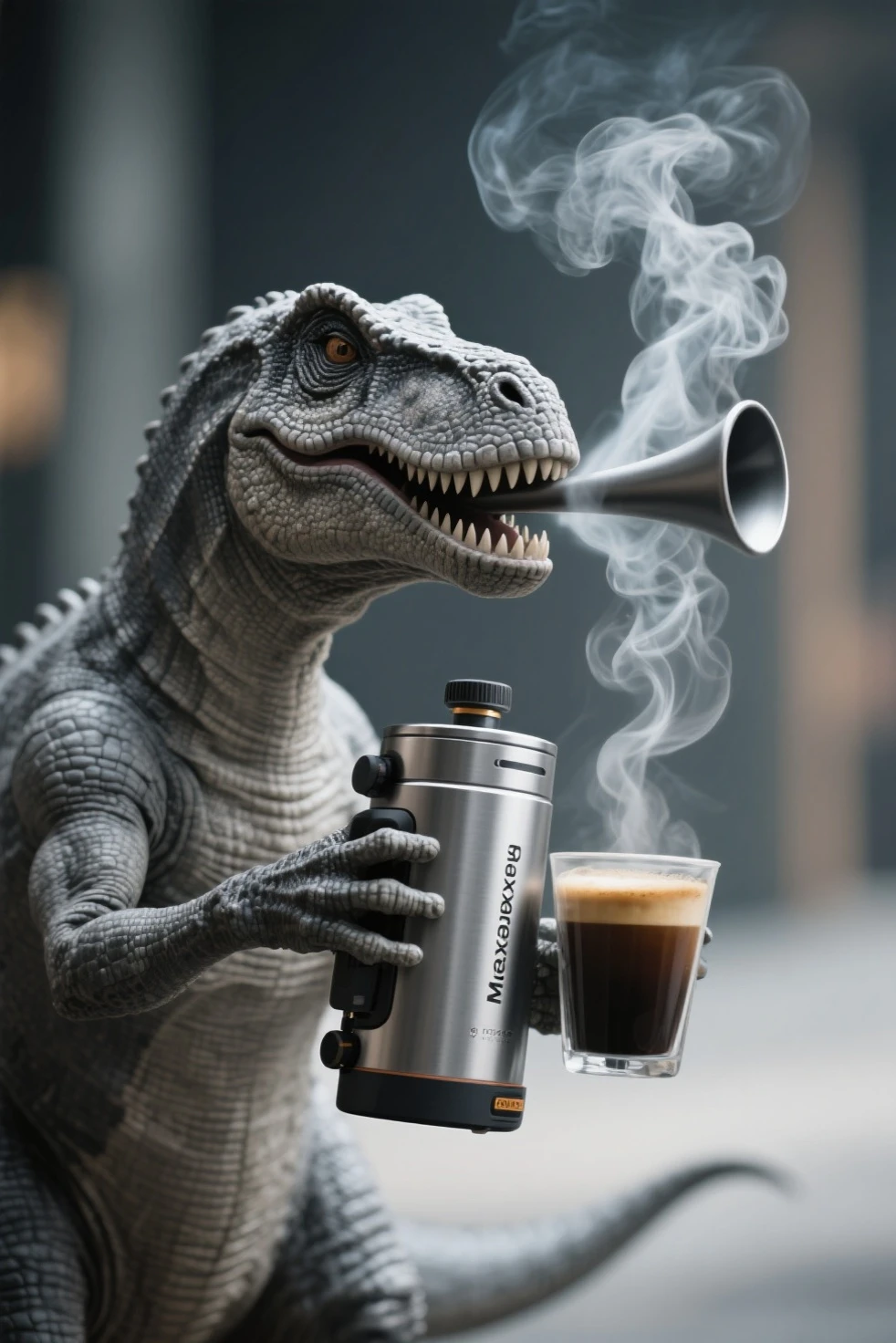 a dinosaur drinks coffee