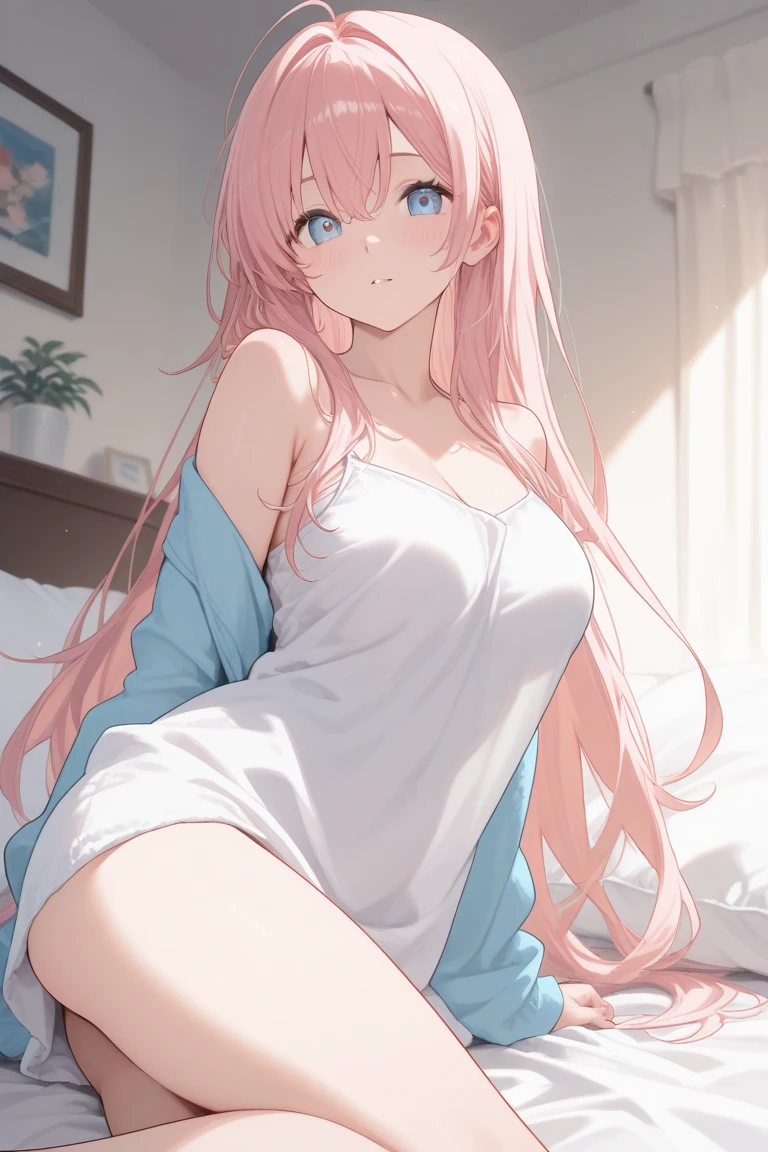 miku nakano, Nakano Miku Ticket III, long hair, bangs, blue eyes, brown hair, hair between eyes, wake up,sleepy,Slightly open big shirt,black string underwear,barefoot,smile,Bedroom,light goes out, covered with a blanket, windows,ロマンチックなmorning日,morning,extreme light,
break indoors, Bedroom,
break (masterpiece:1.2), highest quality, High resolution, unity 8k wallpaper, (shape:0.8), (beautiful and detailed eyes:1.6), highly detailed face, perfect lighting, Very detailed CG, (perfect hands, perfect anatomy),