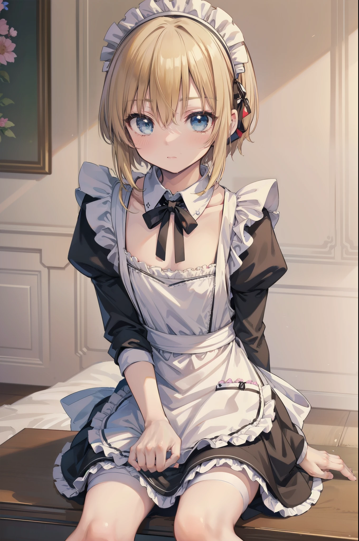 (knees together feet apart), Gently stare, by krenz Cassiato , is sitting, Asuka, Asuka, Anime Styleイラスト, Official Art, high quality anime-style art as a model, high resolution, Anime Style, (maid clothes:1.6), (face close-up:1.1), (NSFW:0.9), ( blond and blue eyed), head accessory, (flat chest),