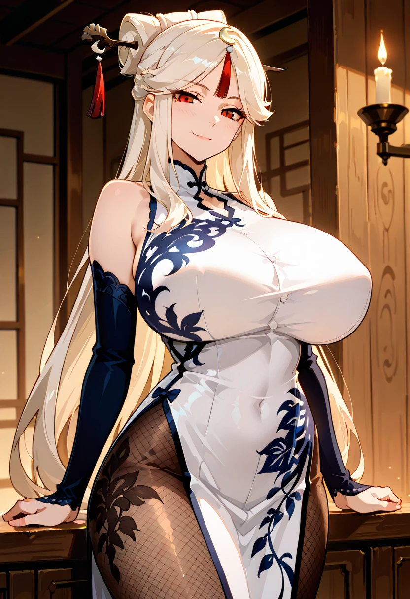 1girl,Sesshoumaru,sesshoumaru,mature female,(scornful eyes),yellow eyes,parted bangs,pointy ears,white hair,very long hair,red facial mark,forehead mark,alternate costume,arm at side,blush,braid,breasts,china dress,chinese clothes,curvy,dress,elbow gloves,bare shoulder,sleeveless,cleavage cutout,floral print,gloves,(blue and white porcelain gorgeous qipao,china dress,chinese clothes,dress),gigantic breasts,hip vent,print dress,indoors,holding,lips,looking at viewer,parted bangs,short sleeves,single braid,solo,standing,thick thighs,upturned eyes,white thighhighs,wide hips,