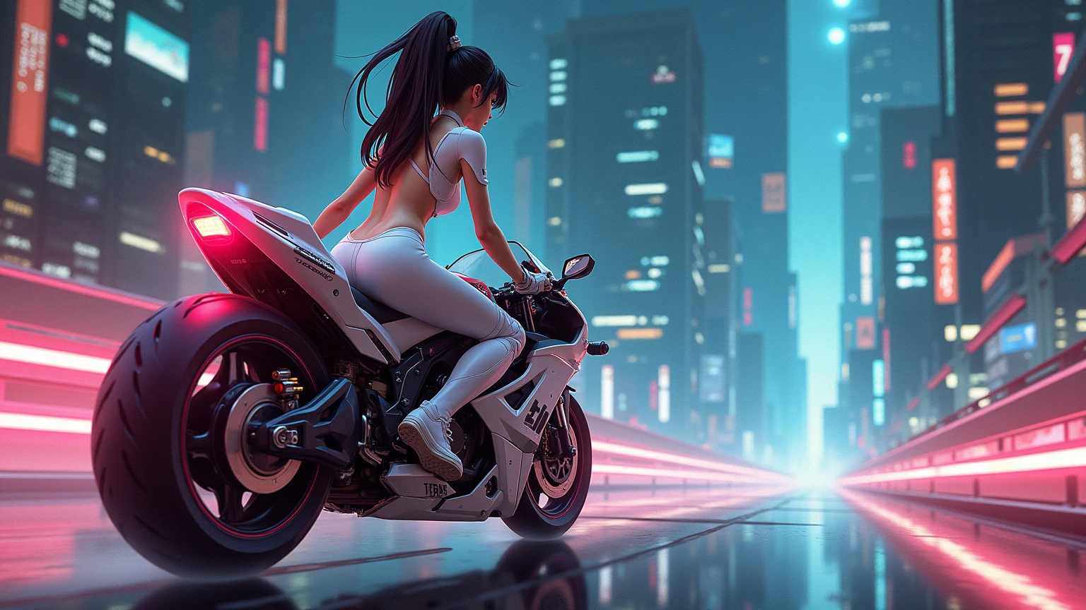 Beautiful big ass anime girl in sexy pink transparent mini skirt riding a high-powered motorcycle seen from behind