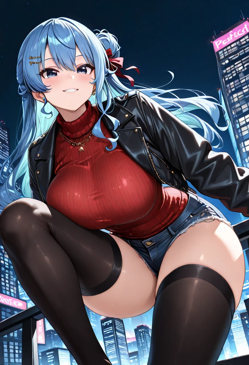 A very giantess succubus,with black skin and with white hair, horns and red eyes, with long sexy legs walks around destroying all the small town around him and crushing the little people. The shot is taken from below her legs as she looks down with contempt and disgust, highlighting her outfit which is very sexy and tight, marking her nipples through her clothes. very tall succubus, giant, tall, tiny city, destroyed floor, heels, sexy, transparent pantyhose, evil, better quality, very closer photo.