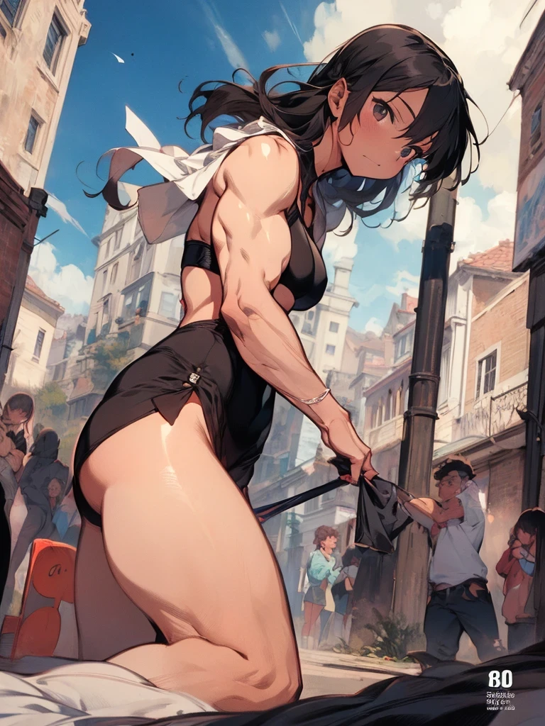 Half-naked ninja cafe waiter jumping、Severely torn clothes are scattered around、Unstable buoyancy sandstorm、Amazing dynamism、Amazing Angle、